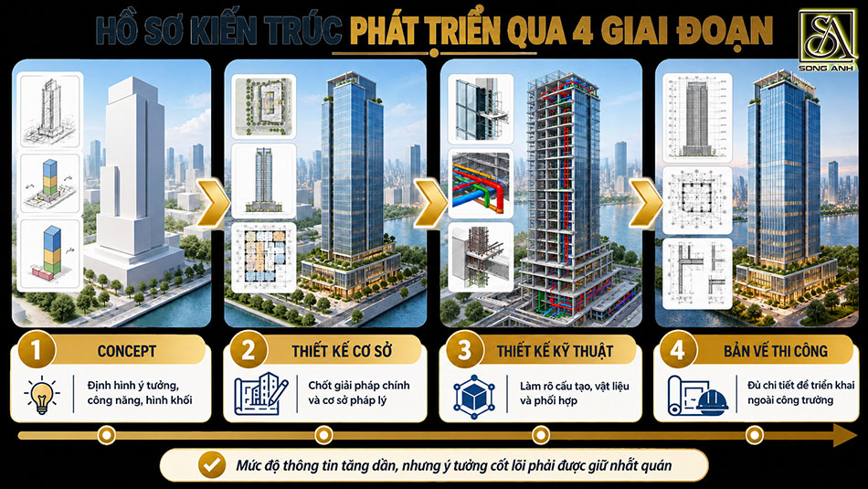 Bốn giai đoạn phát triển hồ sơ kiến trúc từ concept đến bản vẽ thi công